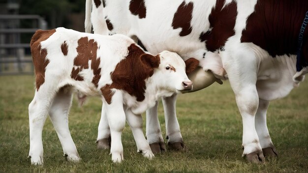 Photo livestock ox calf suckling on the teat