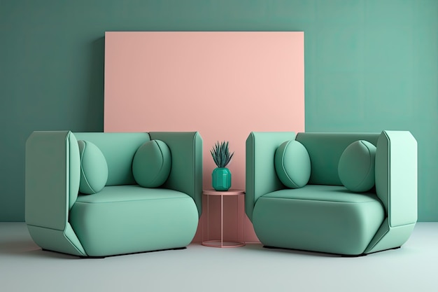 The living area contains green walls and two sofas Minimalism pastel hues