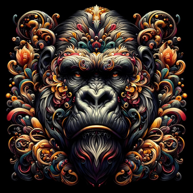 a living bust of a gorilla in detailed paisley fractal high quality artwork