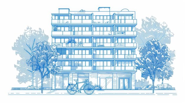 Living city building with trees surrounding it and bicycle parked beside it Modern dwelling drawn with blue contour lines on white background Modern illustration