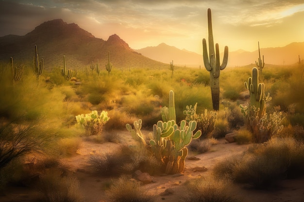 Living desert towering cacti under the vibrant sunset generative IA