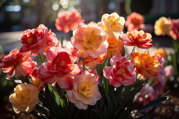 Living Garden Tulips and Narcissos in the middle of flowering generative IA