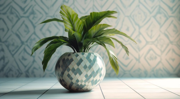 白い壁の花瓶に生きた緑の植物