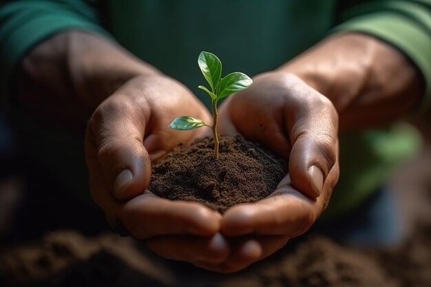 Living green sprout in the hands of a farmer