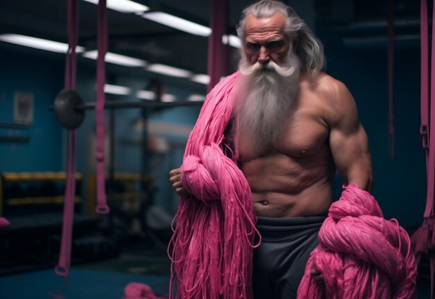 Photo living legends pinkclad old man channels ancient wisdom in gym rope routine