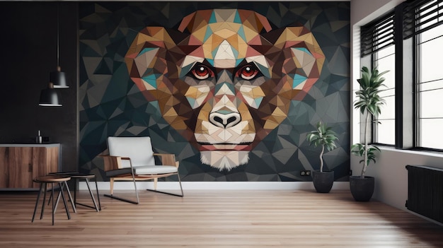 Living Living Room Full Wall Geometric Monkey Interior Design Generative AI