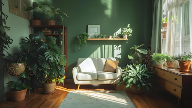 Living room adorned with potted plants green walls and hardwood flooring Concept Indoor Plants Green Decor Hardwood Flooring Cozy Living Room Home Decor