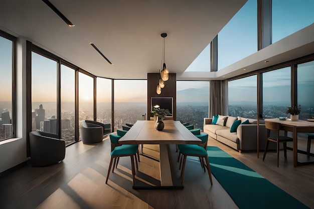 the living room of the apartment is lit up by a large window overlooking the city.