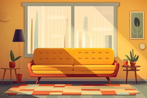 Living room area with a sofa a lamp a window and plants Flat illustration generative AI