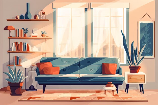 Living room area with a sofa a lamp a window and plants Flat illustration
