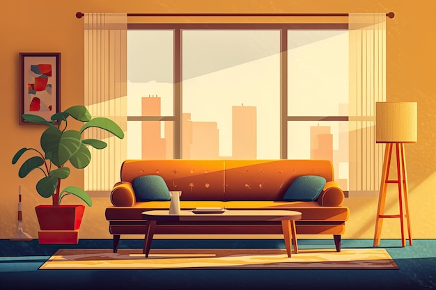 Гостиная с диваном, лампой, окном и растениями Плоская иллюстрация