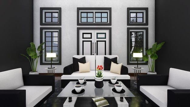 Living room in black and white tones. 3d renderings