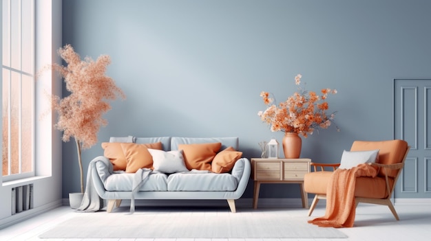 Living room in blue and orange tones Autumn decor