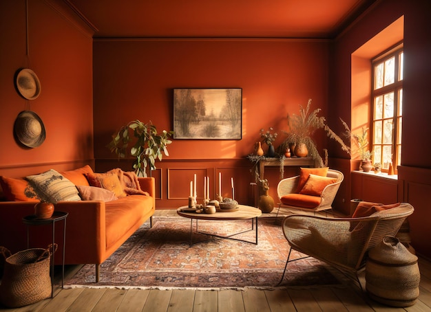 A living room in a bright orange room