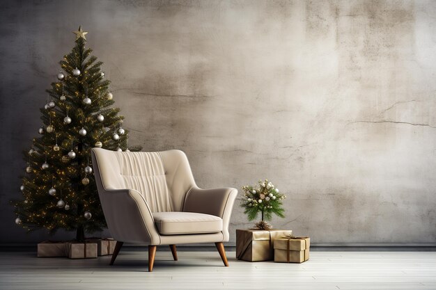 사진 현대적인 스타일의 거실 크리스마스 인테리어 벽 모형에 의자와 함께 크리스마스 트리