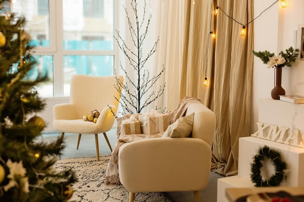 Living Room Christmas interior in Scandinavian style white sofa on wall