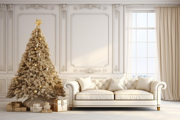 Living room christmas interior with cream velvet sofa on empty white background