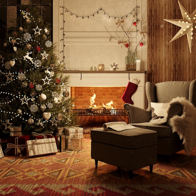 Photo a living room at christmastime lit only by the fire and christmas tree. 3d rendering