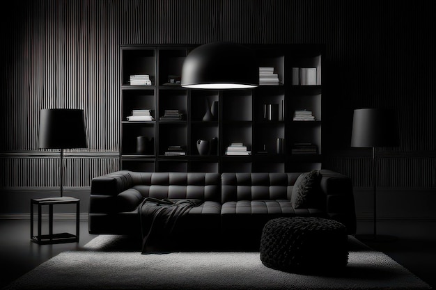 living room concept in black color with furniture highlighted in black and white