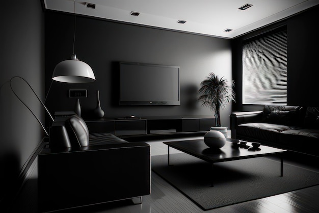 концепция гостиной в черном цвете с мебелью, выделенной черно-белым цветом