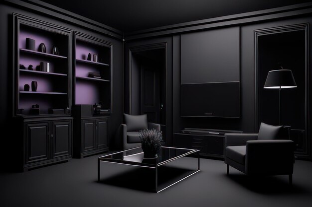 концепция гостиной в черном цвете с мебелью, выделенной фиолетовым цветом