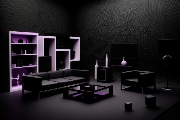 living room concept in black color with furniture highlighted in purpple