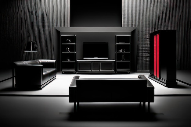 living room concept in black color with furniture highlighted in red