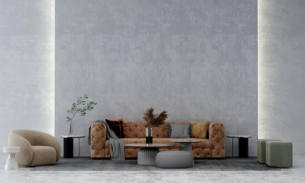 Living room and concrete wall texture background loft interior design mock up furniture