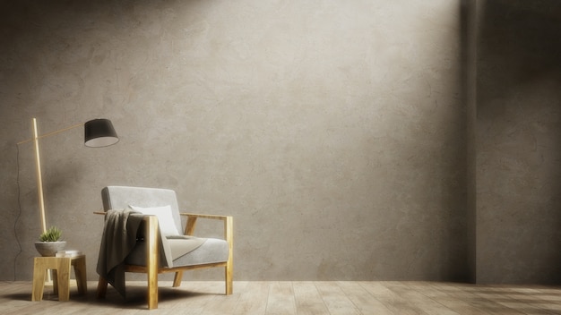 the living room contains armchairs and lamps with a cement wall light, the sun is shining 