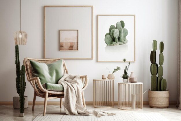 Photo the living room of a contemporary home features a chic rattan armchair a pillow a cactus a mock up poster frame and attractive accessories background of light beige with copy space