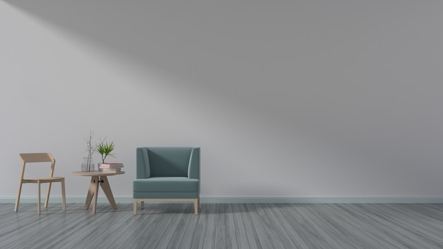 Living room for conversations with chairs and a table a white wall