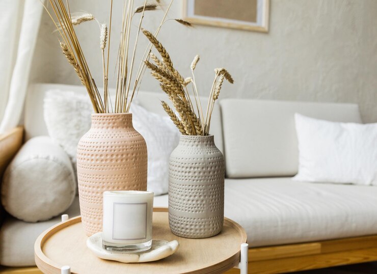Living room decor Dry wheat stands in ceramic vases on a wooden table next to a cozy light sofa