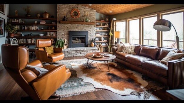 Living room decor home interior design Midcentury modern Rustic stijl met open haard versierd met leer en hout materiaal Generative AI AIG26