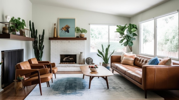 Living room decor home interior design Midcentury modern Scandinavian style with Fireplace decorated with Leather and Wood material Generative AI AIG26