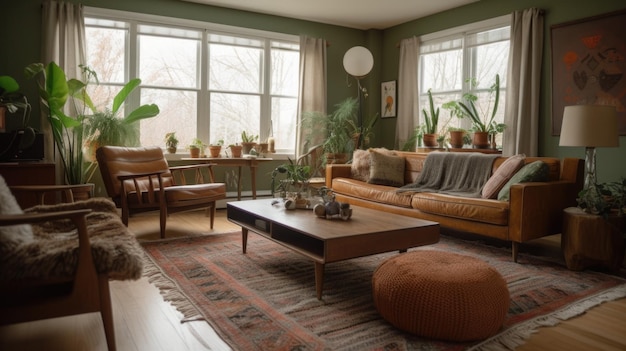 Living room decor home interior design MidCentury Moderne Boheemse stijl met grote ramen versierd met hout en textiel materiaal Generatieve AI AIG26