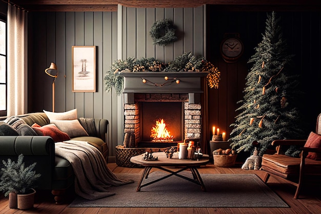 Living Room Decorated For Christmas And New Year Horizontal Banner Pine Tree , Fireplace And Garlands Holidays Home Interior Flat Illustration.