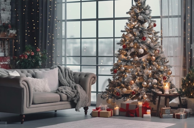 Living room decorated in Christmas style with Generative AI