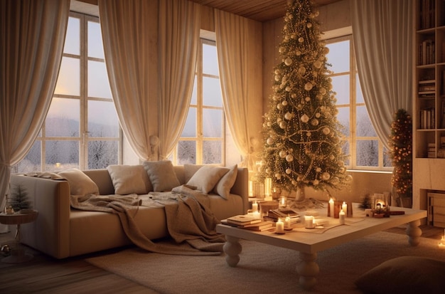 Living room decorated in Christmas style with Generative AI