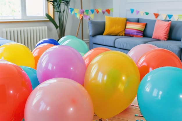 Foto salotto decorato con palloncini colorati per la festa dei bambini ai generati