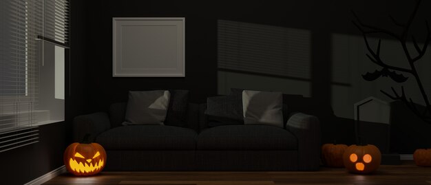 Living room decorated with halloween decorations with pumpkin lamps and candles on the floor 3D rendering