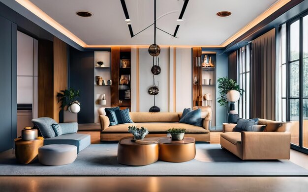 豪華でシンプルな家具で飾られたリビング ルーム