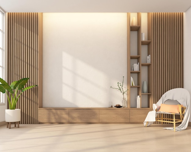 Living room decorated with minimalist tv cabinet and bookshelf white wall and wood slat wall.