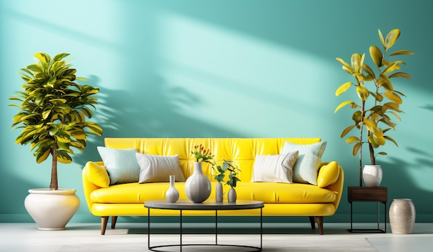 Living room decoration in turquoise and yellow tones Minimalist concept AI generated