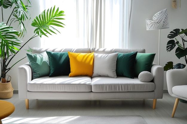 дизайн гостиной в уютном скандинавском стиле с серым диваном тропические растения зеленые и желтые подушки