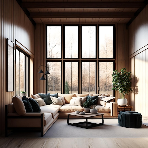 Living Room Design Featuring a Large Window Warm Beige Sofa and Wood Paneling Generative AI