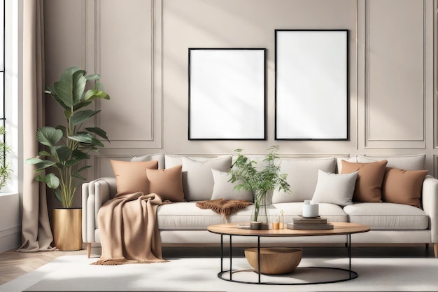 モダンなスタイルのリビングのデザインソファとモックアップの絵画を備えた明るい部屋