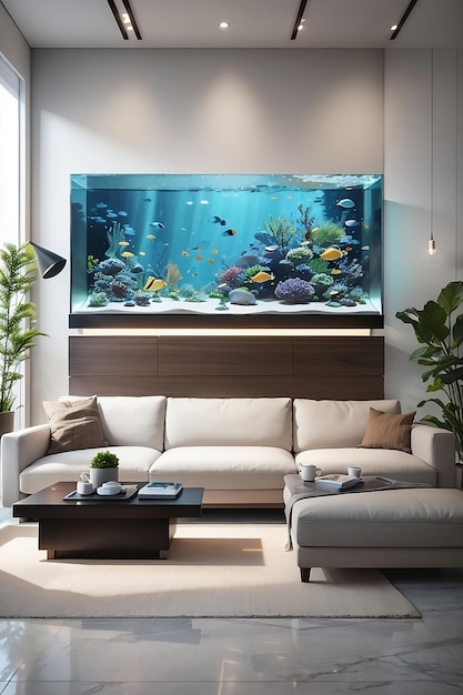 living room design with big aquarium