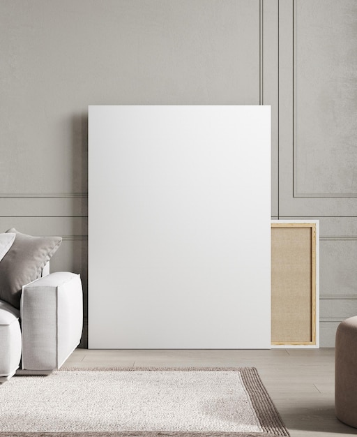 Фото Дизайн гостиной с макетом пустой большой рамы на белой стене с лепниной 3d-рендеринга