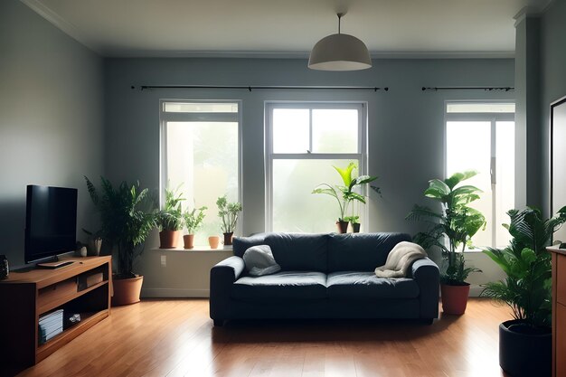 living room dimly lit with dark rainy evening outside