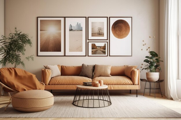 Living room in earth tones with frames